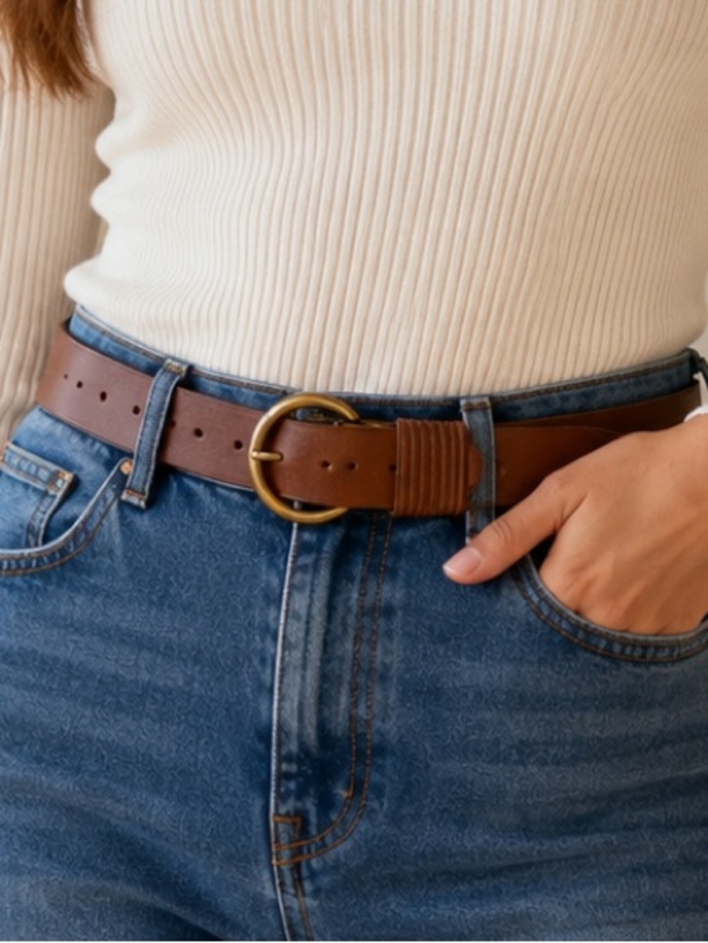 Genuine Leather Cognac Brown O-Ring Belt with Brass Buckle